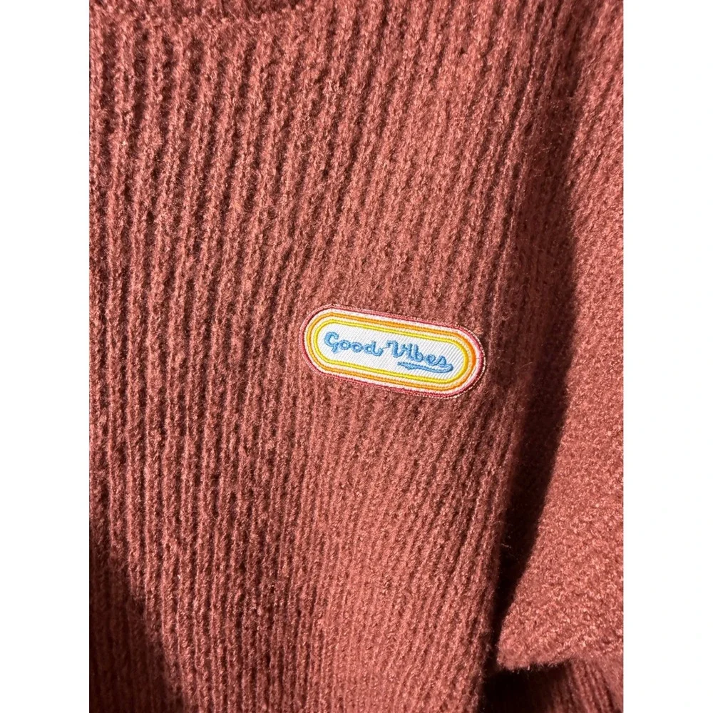 Vintage Pullover Sweater Large Coffee Brown Excellent Ribbed Good Vibes Patch - Picture 2 of 4